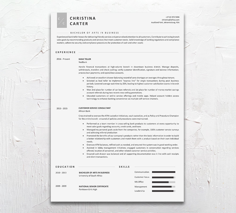 Bank Teller Student Cycle Resume CV Design South Africa