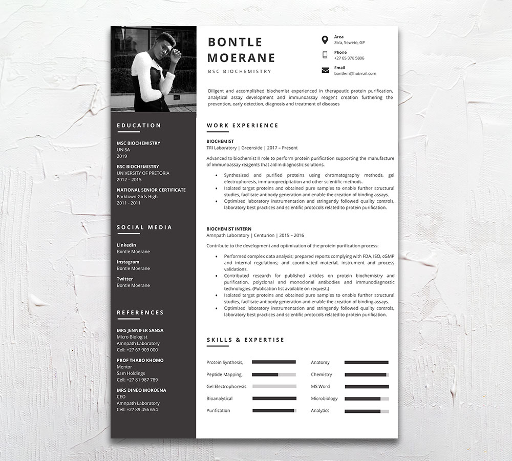 Biochemist Student Cycle Resume CV Design South Africa