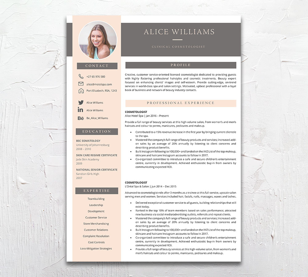 Cosmetologist Student Cycle Resume CV Design South Africa