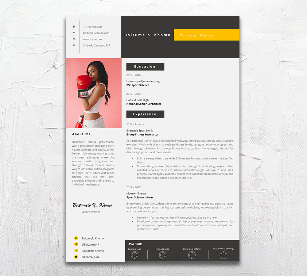 Personal Trainer Student Cycle Resume CV Design South Africa