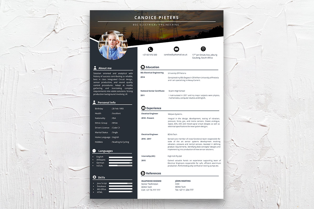 Junior Electrical Eng Student Cycle Resume CV Design South Africa